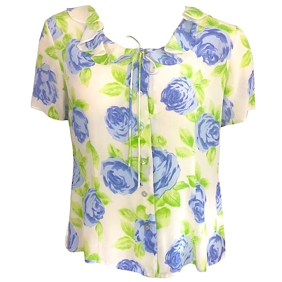 Via Condotti Tops - VINTAGE Y2K Blue Green Rose Print Silk Ruffle Button Up Tie Top VIA CONDOTTI